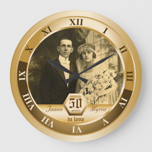 Golden Wedding Anniversary Customisable Photo Gift Large Clock (Front)