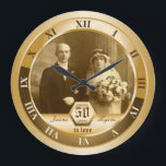 Golden Wedding Anniversary Customisable Photo Gift Large Clock<br><div class="desc">A golden brown clock that looks wonderful with sepia-toned or black-and-white photographs. Makes the perfect wedding anniversary gift. Replace the sample photo with your own,  and customise the names and text. 
 
 Matching photo binder is also available:</div>