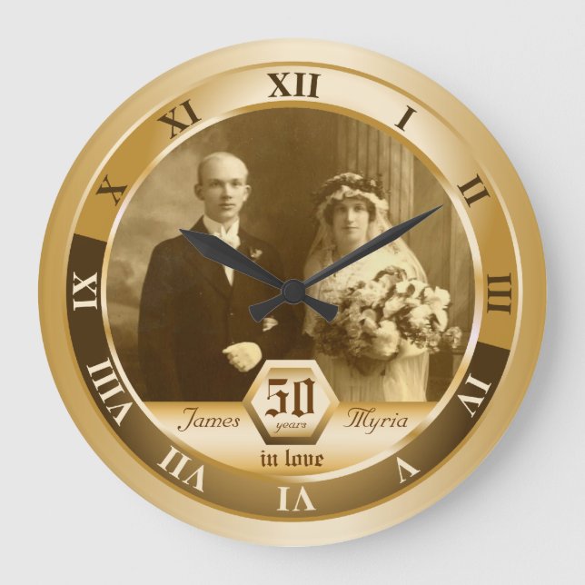 Golden Wedding Anniversary Customisable Photo Gift Large Clock (Front)