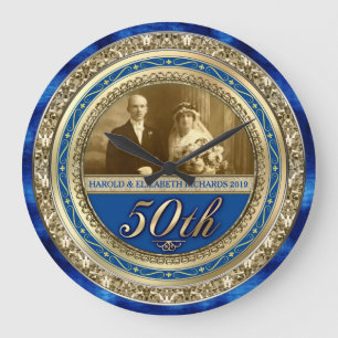 Golden Wedding Anniversary Photo Gold Royal Blue Large Clock