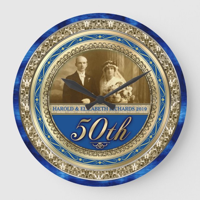 Golden Wedding Anniversary Photo Gold Royal Blue Large Clock (Front)