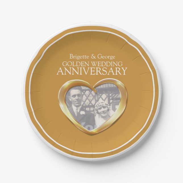 Golden Wedding Anniversary photo heart paper plate (Front)