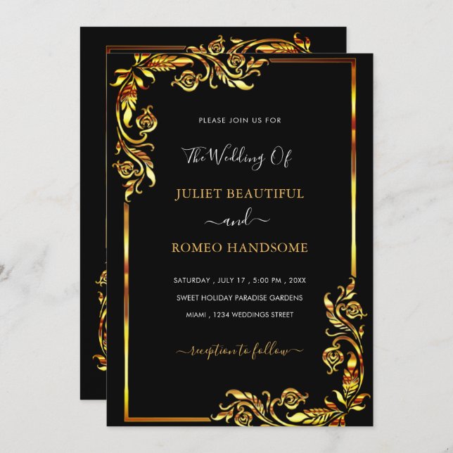 Golden Wedding Invitation Leaves Frame Black Gold  (Front/Back)