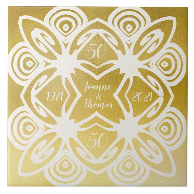 Golden Wedding Personalised Art Deco Ornamental Ceramic Tile (Front)
