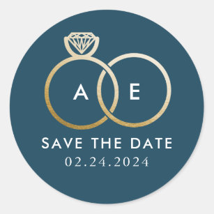Golden Wedding Rings on Blue Save the Date Classic Round Sticker