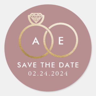 Golden Wedding Rings on Mauve Pink Save the Date Classic Round Sticker