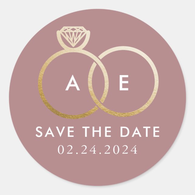 Golden Wedding Rings on Mauve Pink Save the Date Classic Round Sticker (Front)