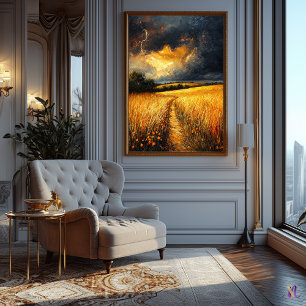 Golden Wheat Field Under Stormy Sky in Impressionm Poster