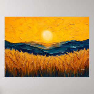 Golden Wheat Fields at Sunset, Oil Style Painting Poster