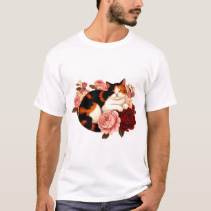 Golden Whiskers: Calico Cat in Rose Reverie T-Shirt