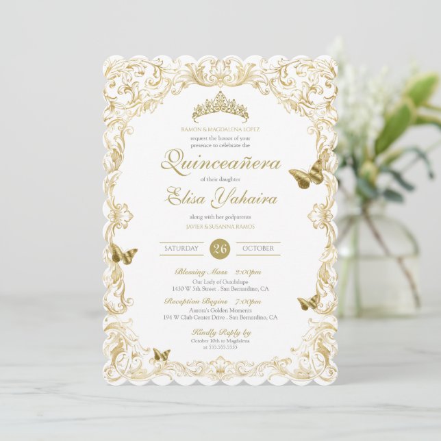 Golden White Elegant Baroque Regal Quinceanera Invitation (Standing Front)