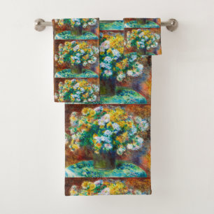 Golden & White Floral Bouquet Impressionist Art Bath Towel Set