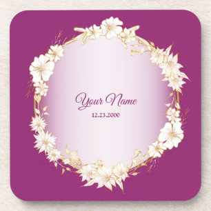 Golden White Floral Pink Geometric Rustic Wedding Coaster