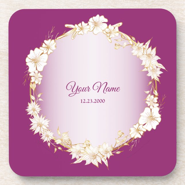 Golden White Floral Pink Geometric Rustic Wedding Coaster (Front)