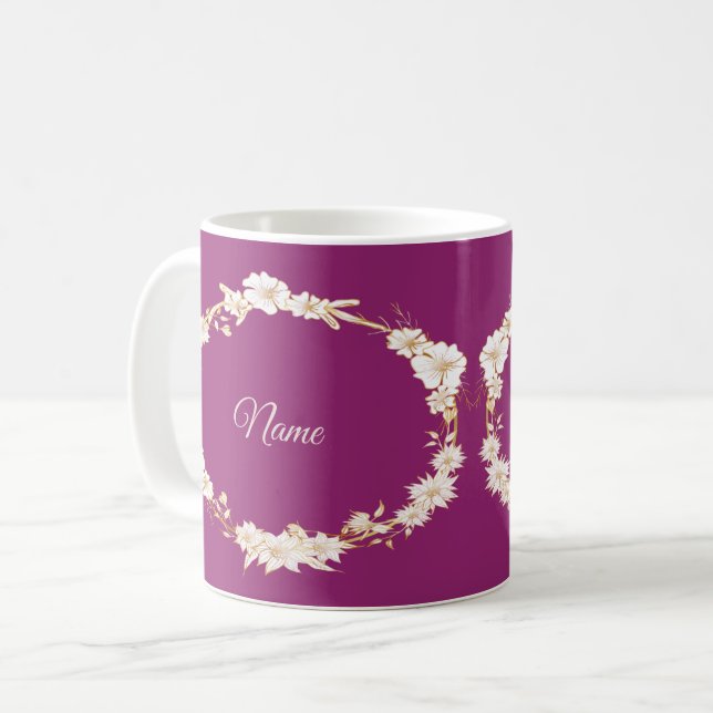 Golden White Floral Pink Geometric Wedding Gift Coffee Mug (Front Left)