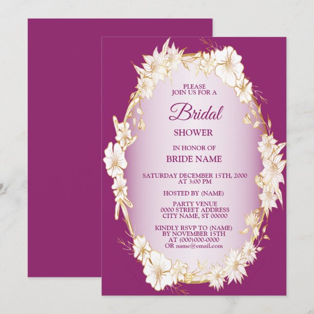 Golden White Floral Pink Wedding Bridal Shower Invitation (Front/Back)