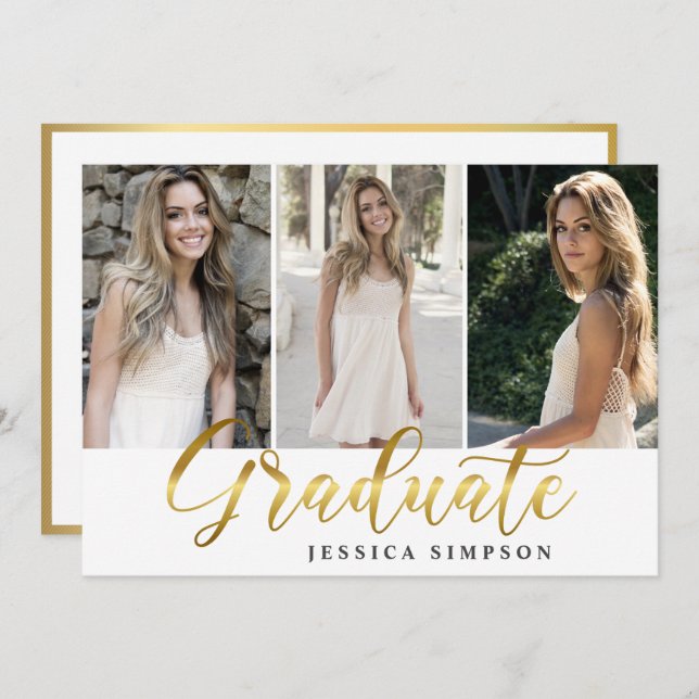 Golden White Modern 3 PHOTO Graduation Party Invitation (Front/Back)