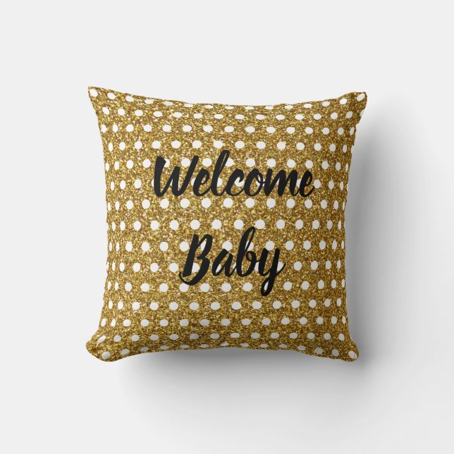 Golden White Polka Dots Glittery Baby Shower Cute Cushion (Front)