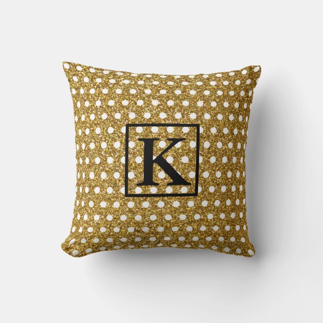 Golden White Polka Dots Glittery Monogram Initials Cushion (Front)