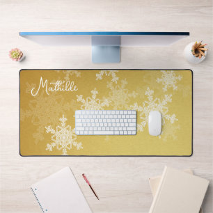 Golden White Snowflakes Minimalist Christmas Name Desk Mat