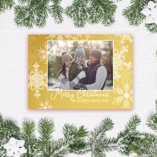 Golden White Snowflakes Minimalist Christmas Photo Holiday Card