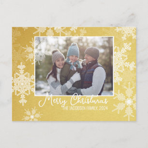 Golden White Snowflakes Minimalist Christmas Photo Holiday Postcard