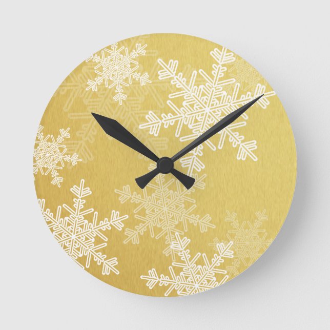 Golden White Snowflakes Minimalist Christmas Round Clock (Front)
