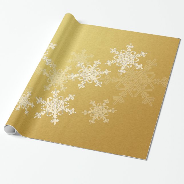 Golden White Snowflakes Minimalist Christmas Wrapping Paper (Unrolled)