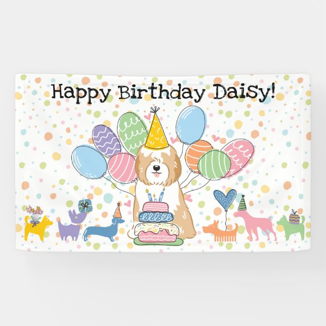 Golden White Tibetan Terrier Dog Birthday Party Banner (Horizontal)