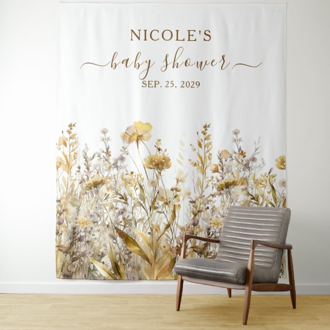 Golden Wildflowers Fall Baby Shower Backdrop Tapestry (In Situ)