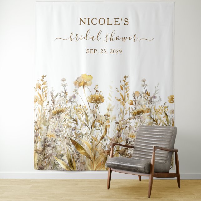 Golden Wildflowers Fall Bridal Shower Backdrop Tapestry (In Situ)