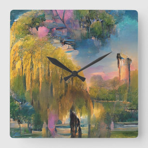 Golden Willow tree at sunset by the pond abstract  Square Wall Clock