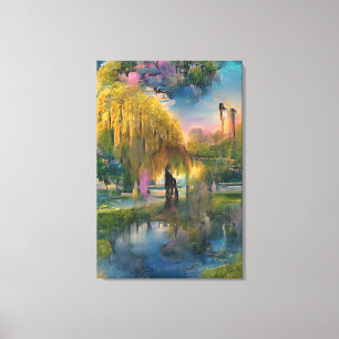 Golden Willow tree at sunset by the pond Canvas Print