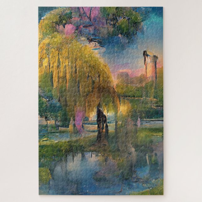 Golden Willow tree at sunset by the pond   Jigsaw Puzzle (Vertical)