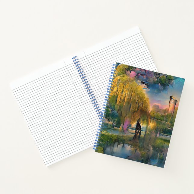 Golden Willow tree at sunset by the pond Notebook (Inside)