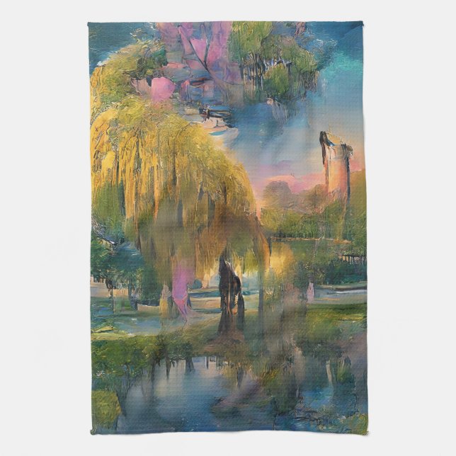Golden Willow tree at sunset by the pond  Tea Towel (Vertical)
