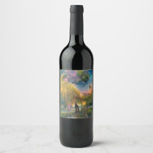 Golden Willow tree at sunset by the pond   Wine Label