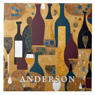 Golden Wine Glass Bottles Abstract Ceramic Tile