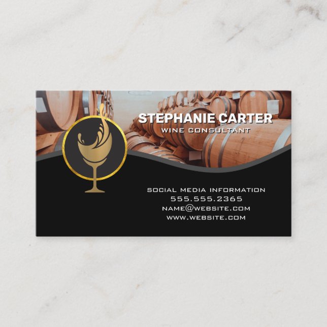 Golden Wine Glass Splash Logo | Wine Barrels Business Card (Front)