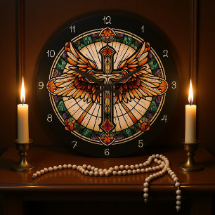 Golden Winged Cross Large Clock