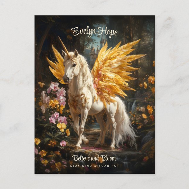 Golden Winged Unicorn Castle Believe Pegasus Postcard (Front)