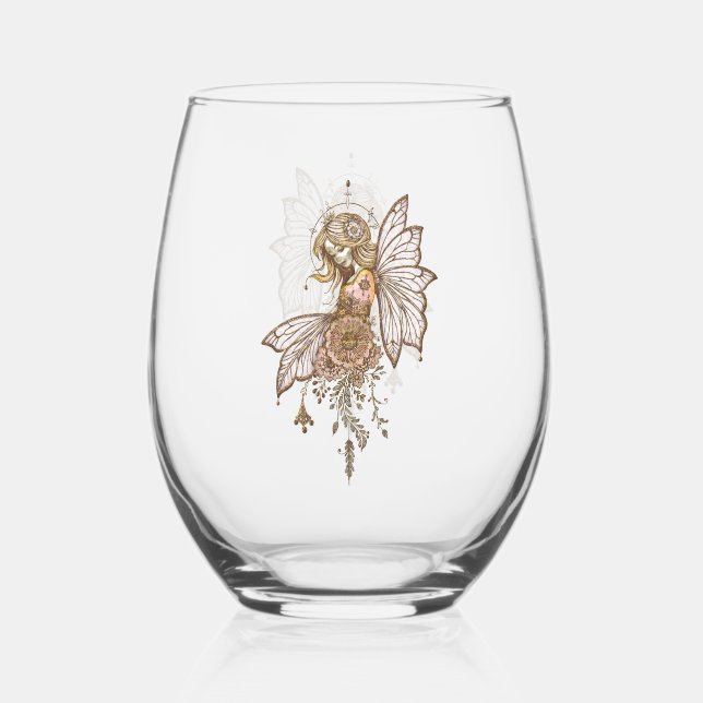 Golden wings and blooming dreams,the magical fairy stemless wine glass (Front)