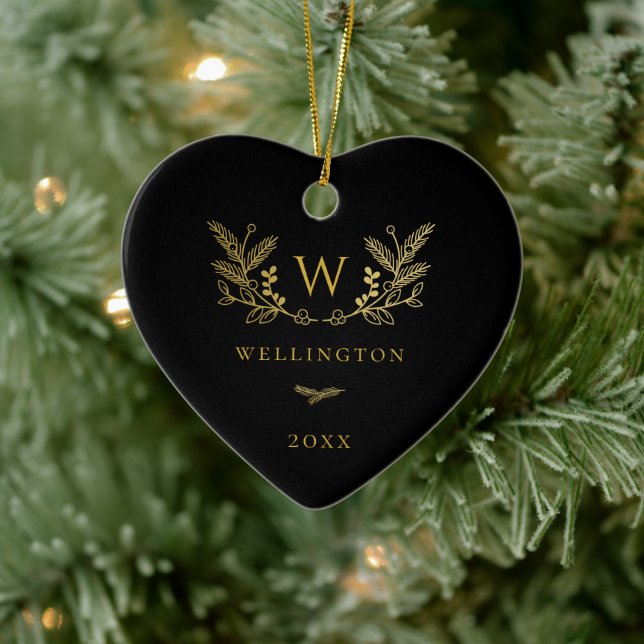 Golden Winter Sprigs Monogram Black Ceramic Ornament (Tree)