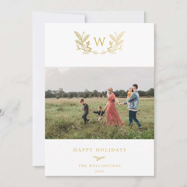 Golden Winter Sprigs Monogram Photo Holiday Card (Front)