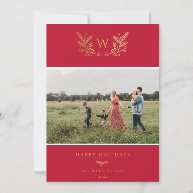 Golden Winter Sprigs Monogram Photo Red Holiday Card (Front)