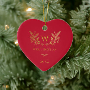 Golden Winter Sprigs Monogram Red Ceramic Ornament