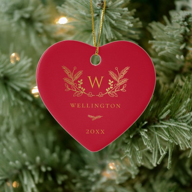 Golden Winter Sprigs Monogram Red Ceramic Ornament (Tree)