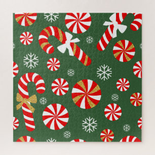 Golden Winter Sweet Snowfall Candy Cane Jigsaw Puzzle