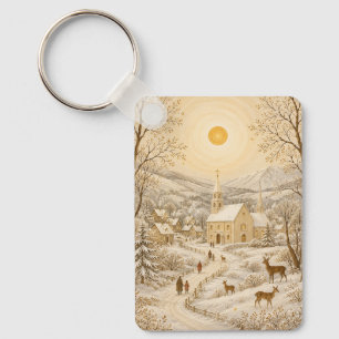 Golden Winter Village Church Landscape Key Ring