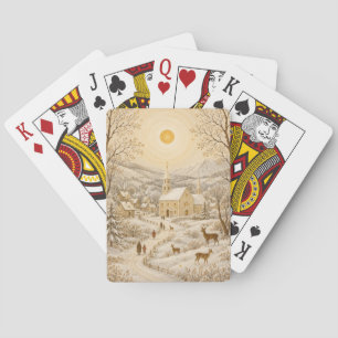Golden Winter Village Church Landscape Playing Cards